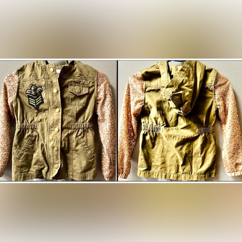ANNIE BY RENEE EHRLICH KALFUS GIRLS ARMY JACKET W/ROSE GOLD SEQUINS SLEEVES Sz S